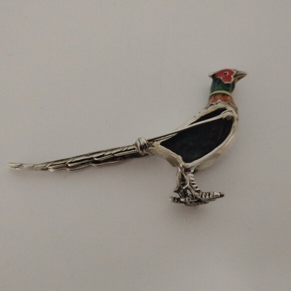 ❤️Rare SATURNO ITALY Brooch / Pin Sterling & Enamel Pheasant Signed